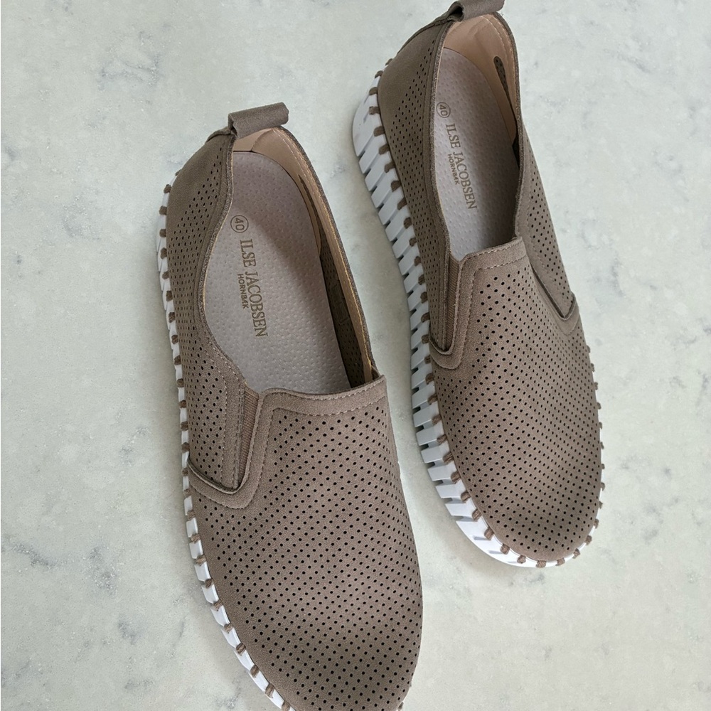 Ilse Jacobsen Taupe Perforated Slip-On Loafers